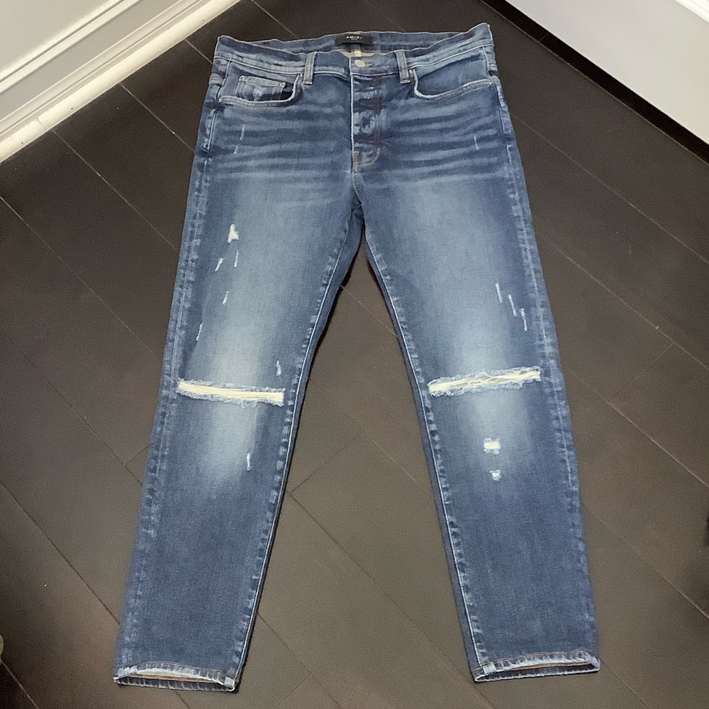 AMIRI Slim Straight Distressed Knee Rip Dark Blue Denim Jeans, Size 36